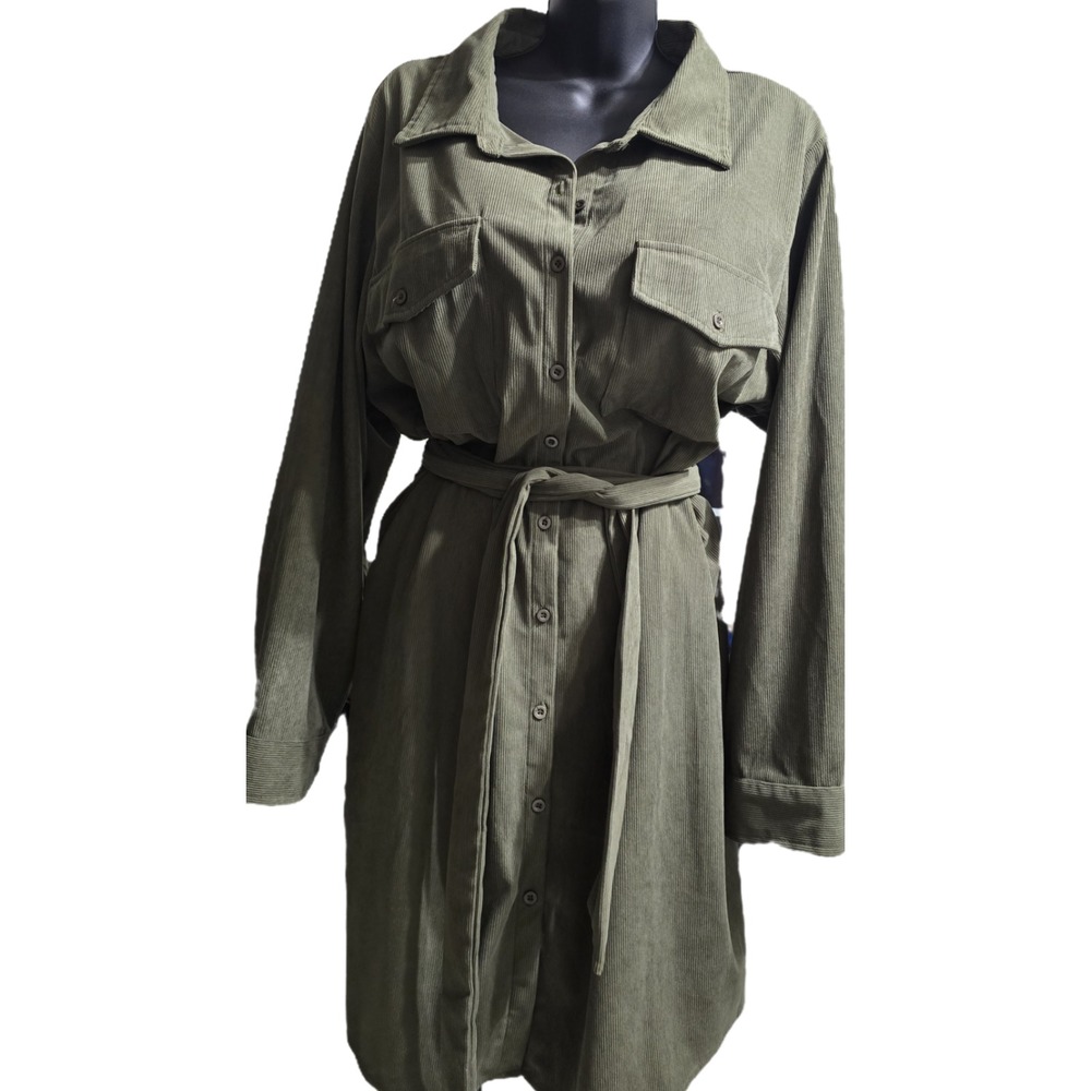 PLUS 3X PASSPORT micro corduroy long sleeve belted shirt dress OLIVE ARMY GREEN